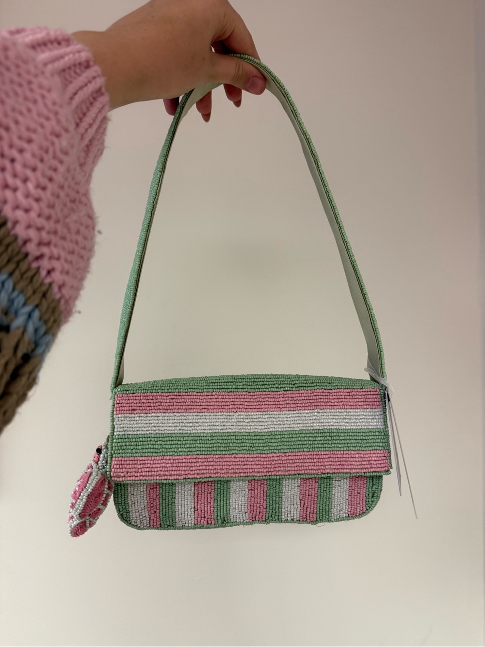 Striped Beaded Shoulder Bag in Pink, Green & Cream